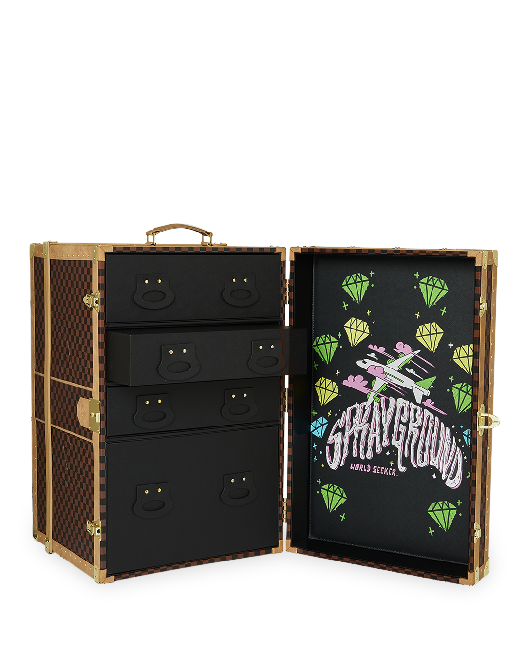 Interior of the Luxury Steamer Trunk Wardrobe, featuring printed graphic design and drawers.
