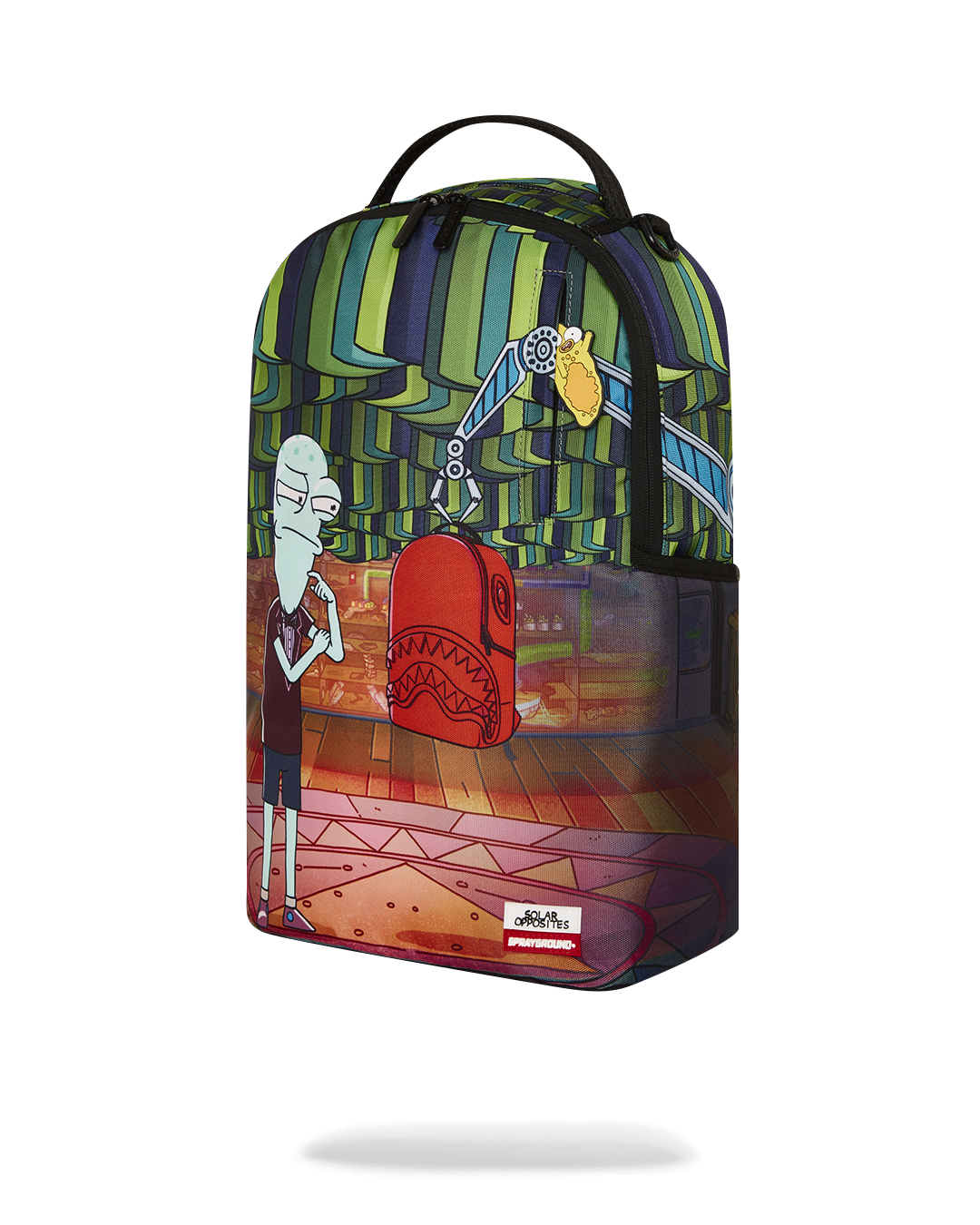 Side angle of the clear Sprayground backpack, highlighting adjustable straps and spacious pockets.