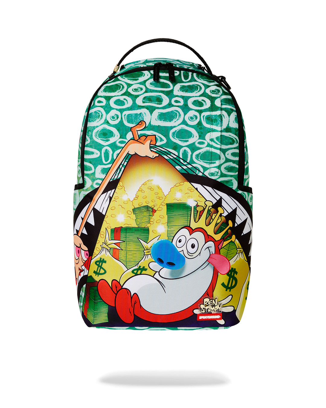 Front view of the Ren & Stimpy DLXR backpack showcasing vibrant design.