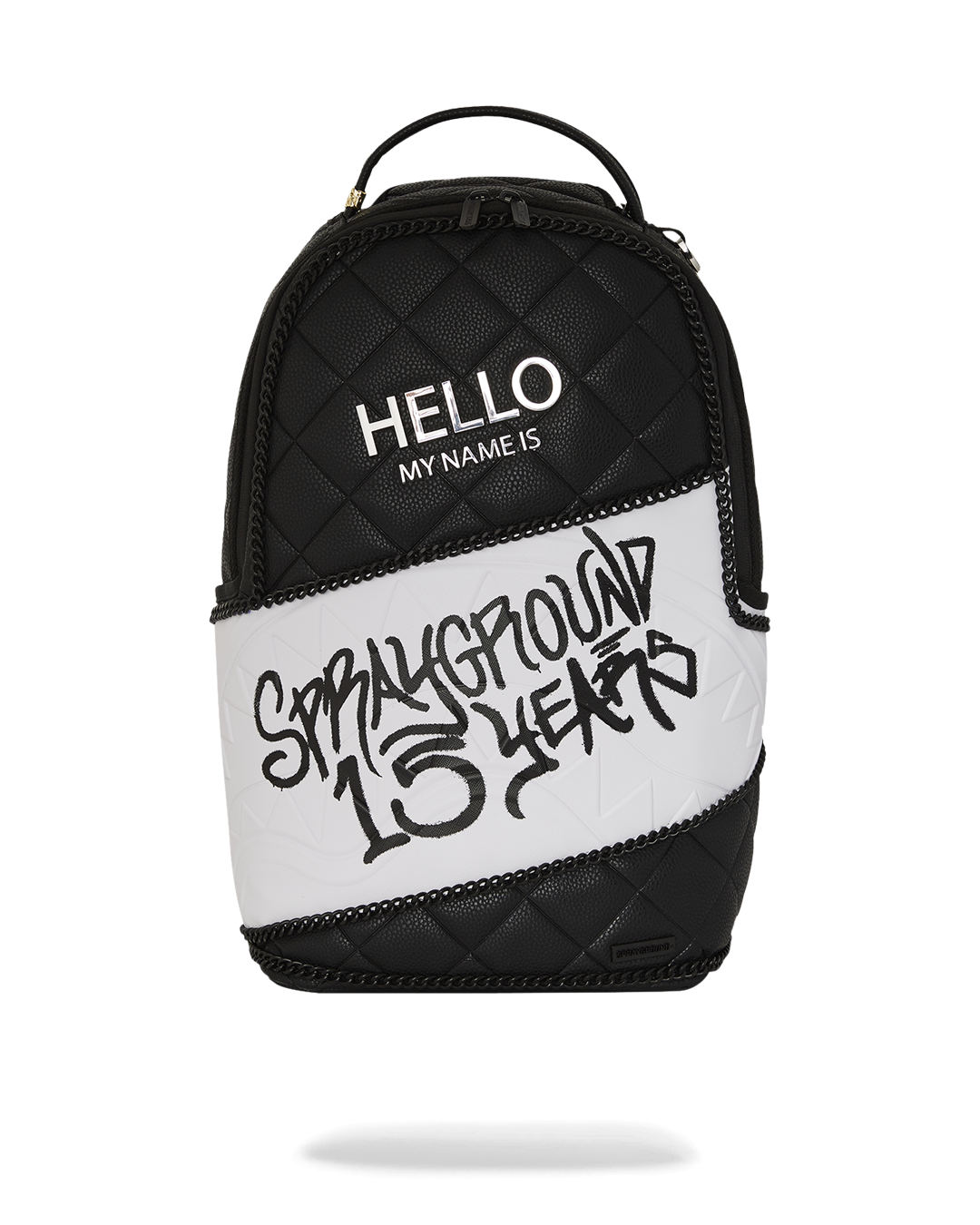 Front view of the limited edition Sprayground backpack with quilted faux leather and metal hardware