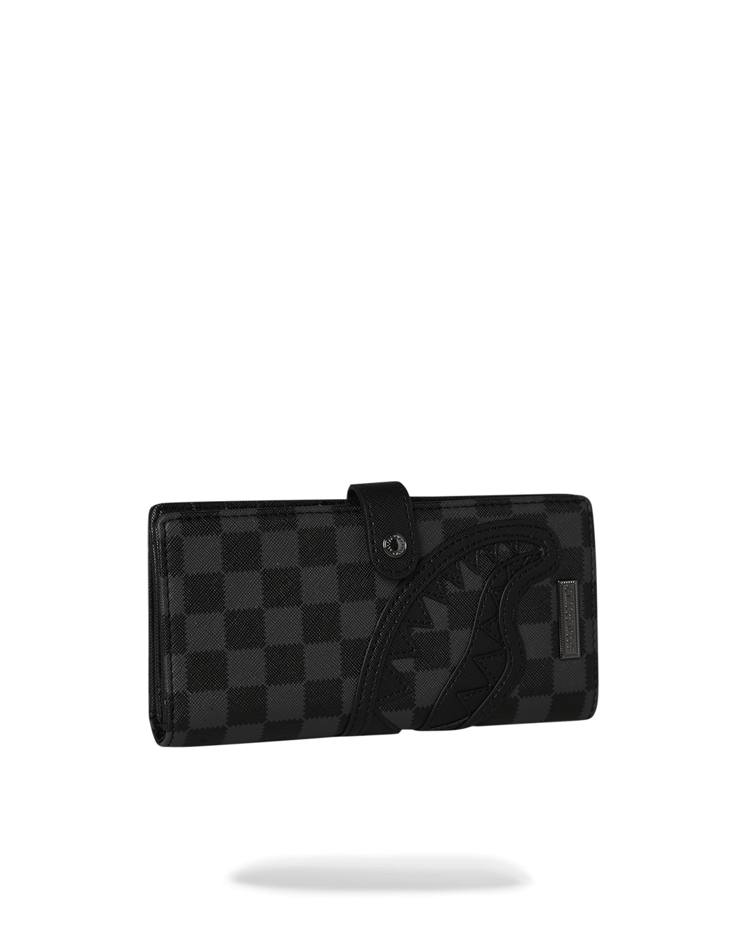 Luxury wallet closed, highlighting cut and sew detailing and elastic band closure