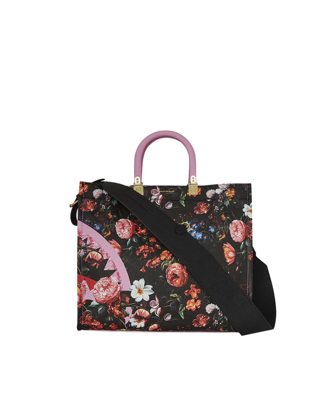 Cross-body strap attached to the printed tote bag for versatile wear