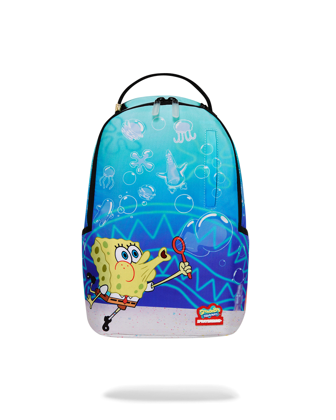 Front view of the SpongeBob Sprayground mini backpack in bubble-blasting design