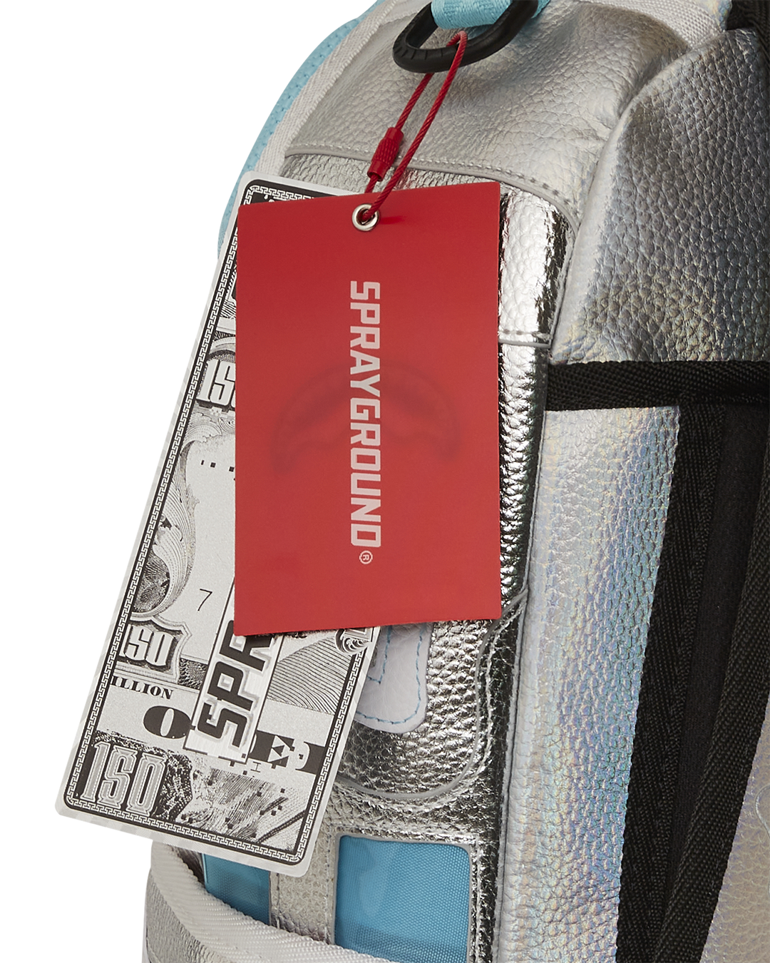 Front view of the Destiny Ghost gaming backpack with iridescent shine and plush Ghost centerpiece