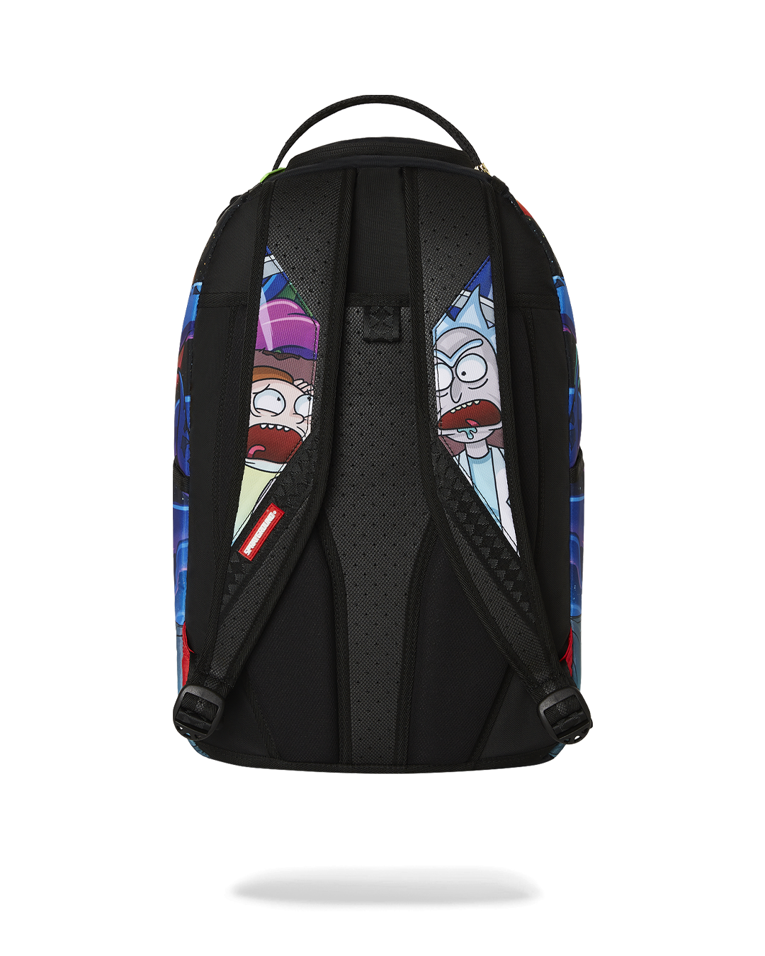 Sprayground pink backpack with Rick and Morty design, front view