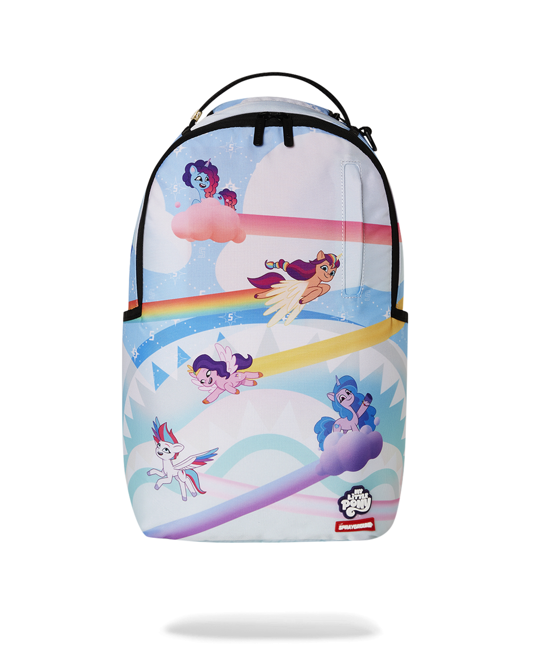 Front view of a kids unicorn backpack with colorful unicorn design and gold zippers