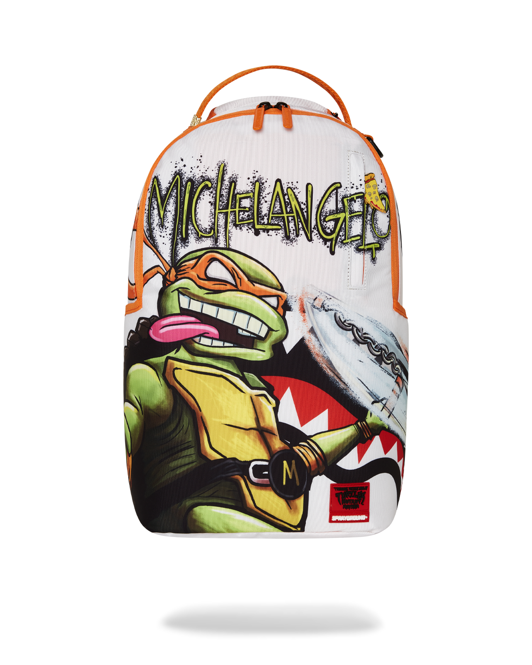TMNT Mikey Backpack Pink - front view with novelty metal pizza puller