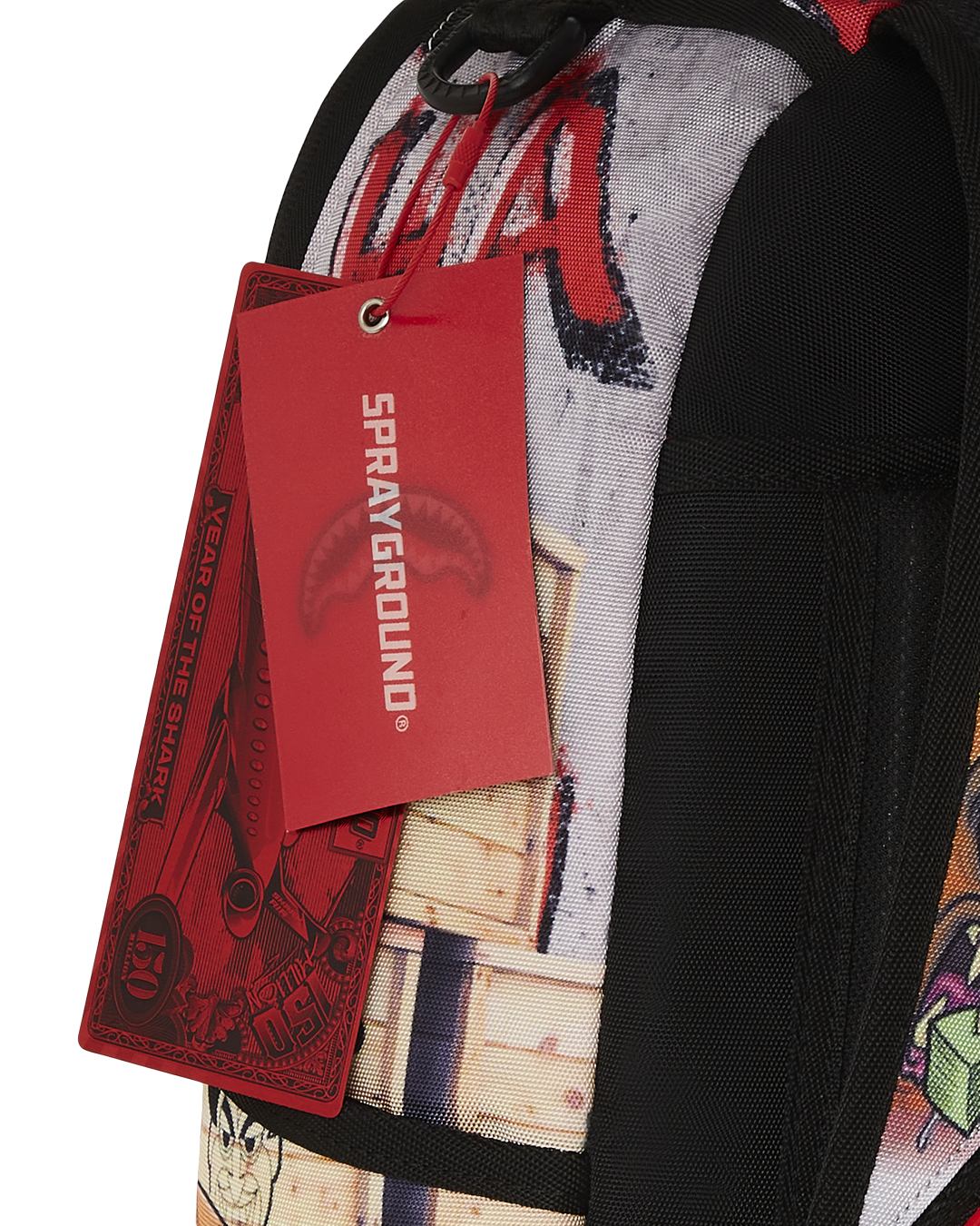 Front view of Harley Quinn backpack showing gold zippers and front pocket