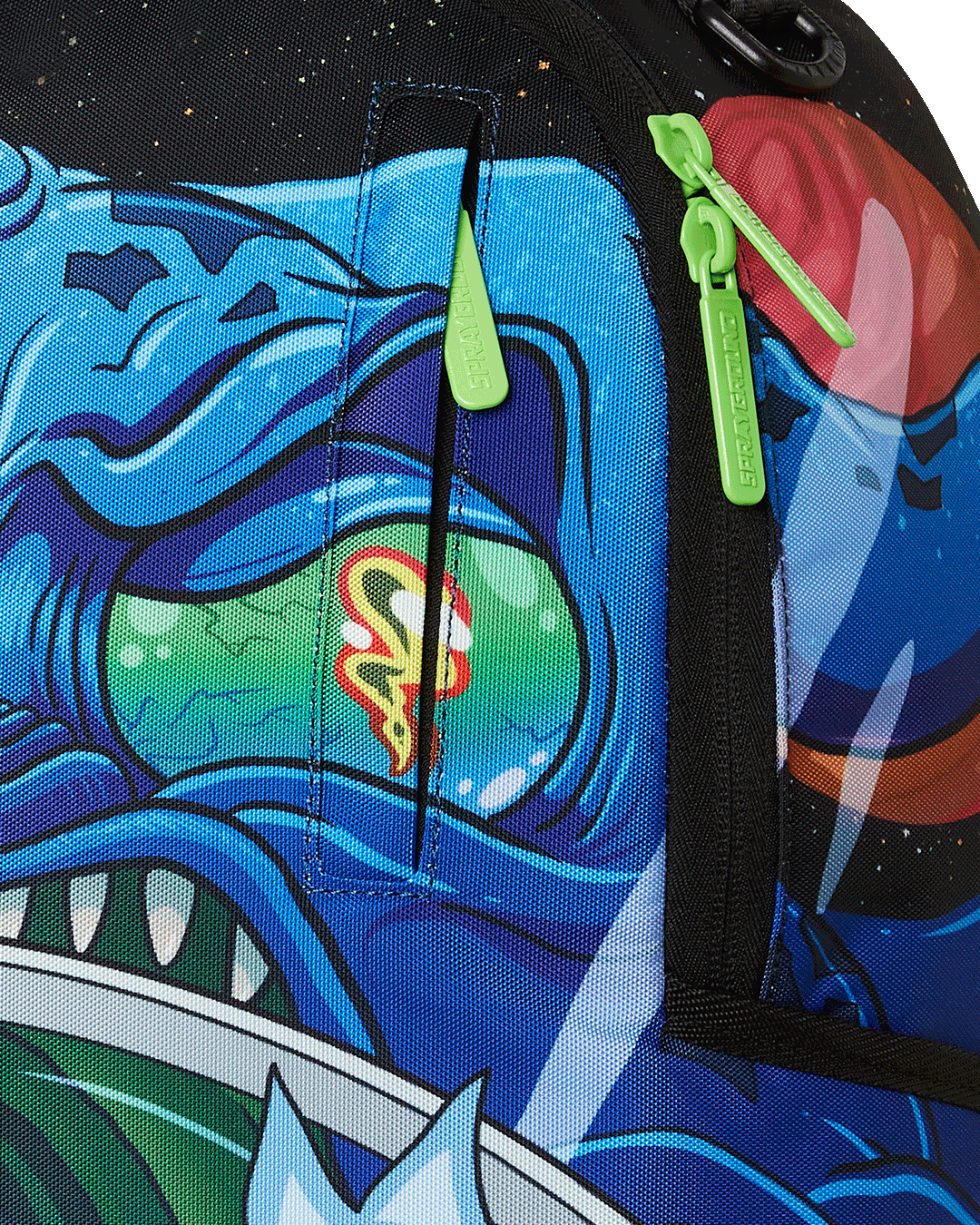 Rick and Morty Sprayground backpack in use, showing ergonomic mesh back padding