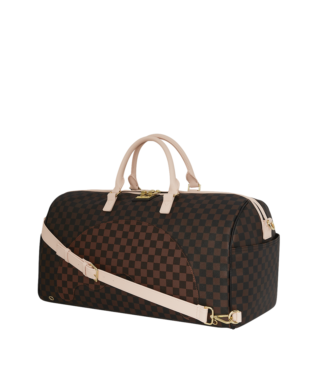Close-up of the gold zippers on the faux leather gym duffle bag.