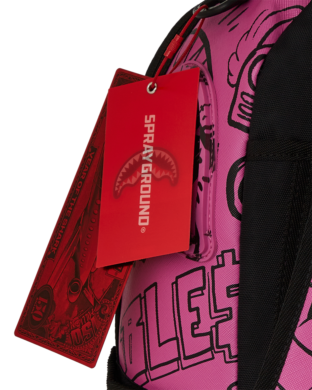 Side profile of the backpack showcasing storage pockets and gold zippers