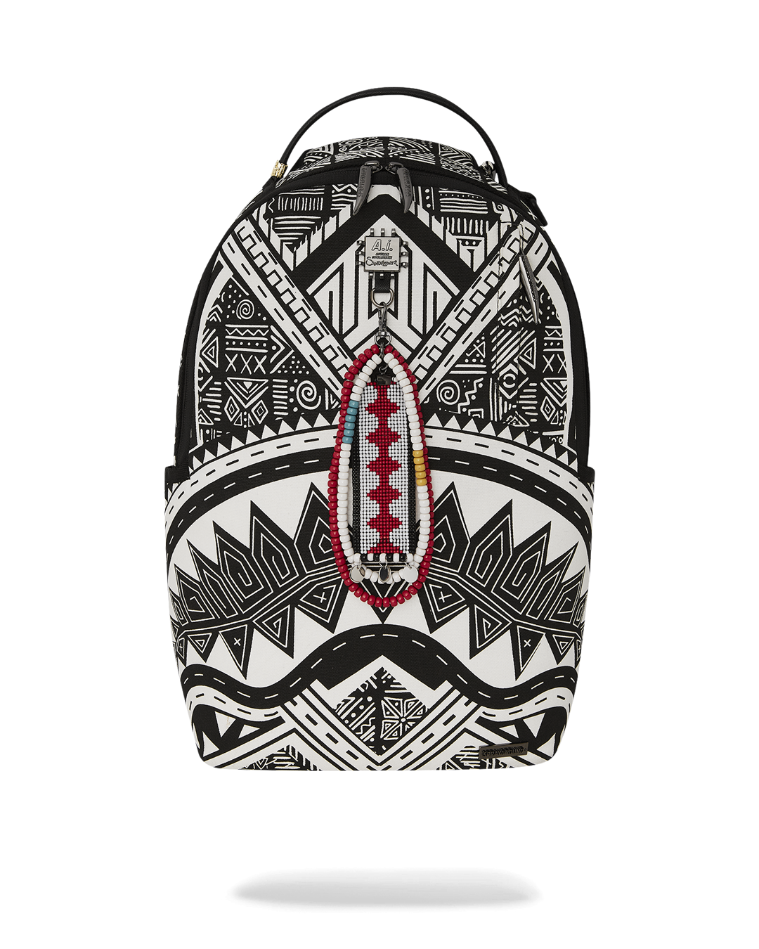 Front view of the A.I. Skyhawk designer backpack with gold zippers and metal badge