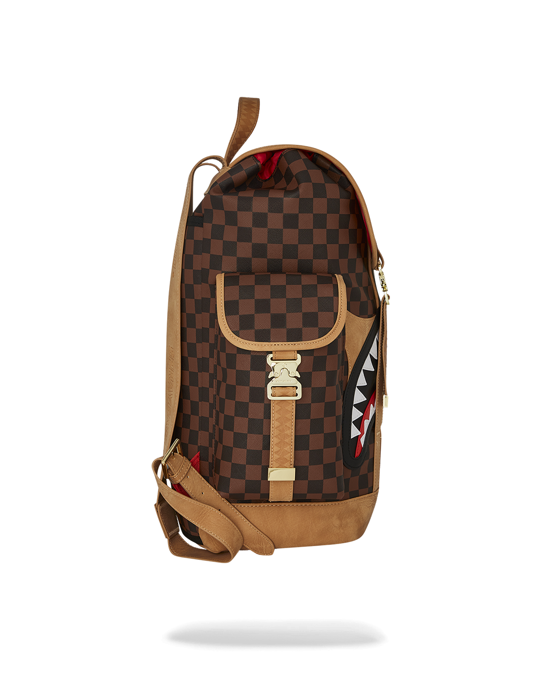 Side view of the Monte Carlo black leather backpack highlighting cargo pockets and drawstring closure.
