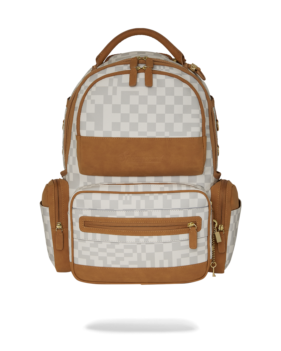 Luxury faux leather executive backpack with faux suede trim details and multiple cargo pockets
