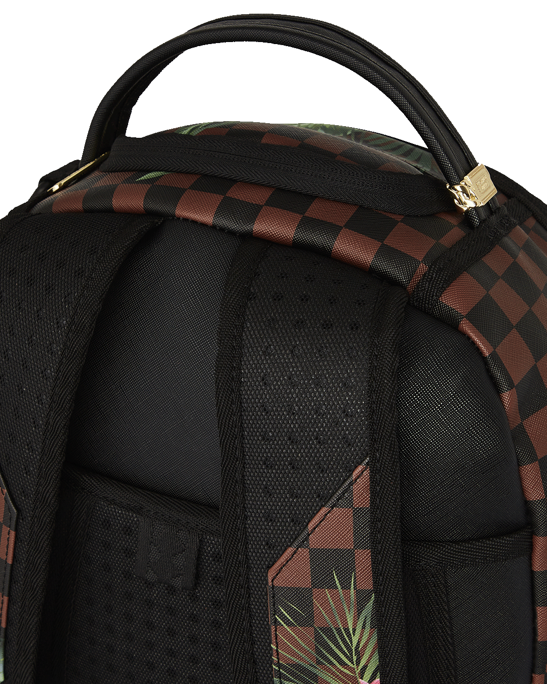 Tropical Check Deluxe backpack front view with faux leather and gold zippers