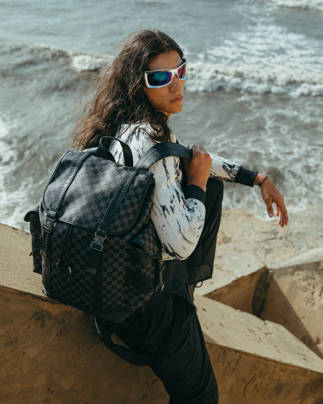 Interior view of the faux leather rucksack featuring laptop compartment.