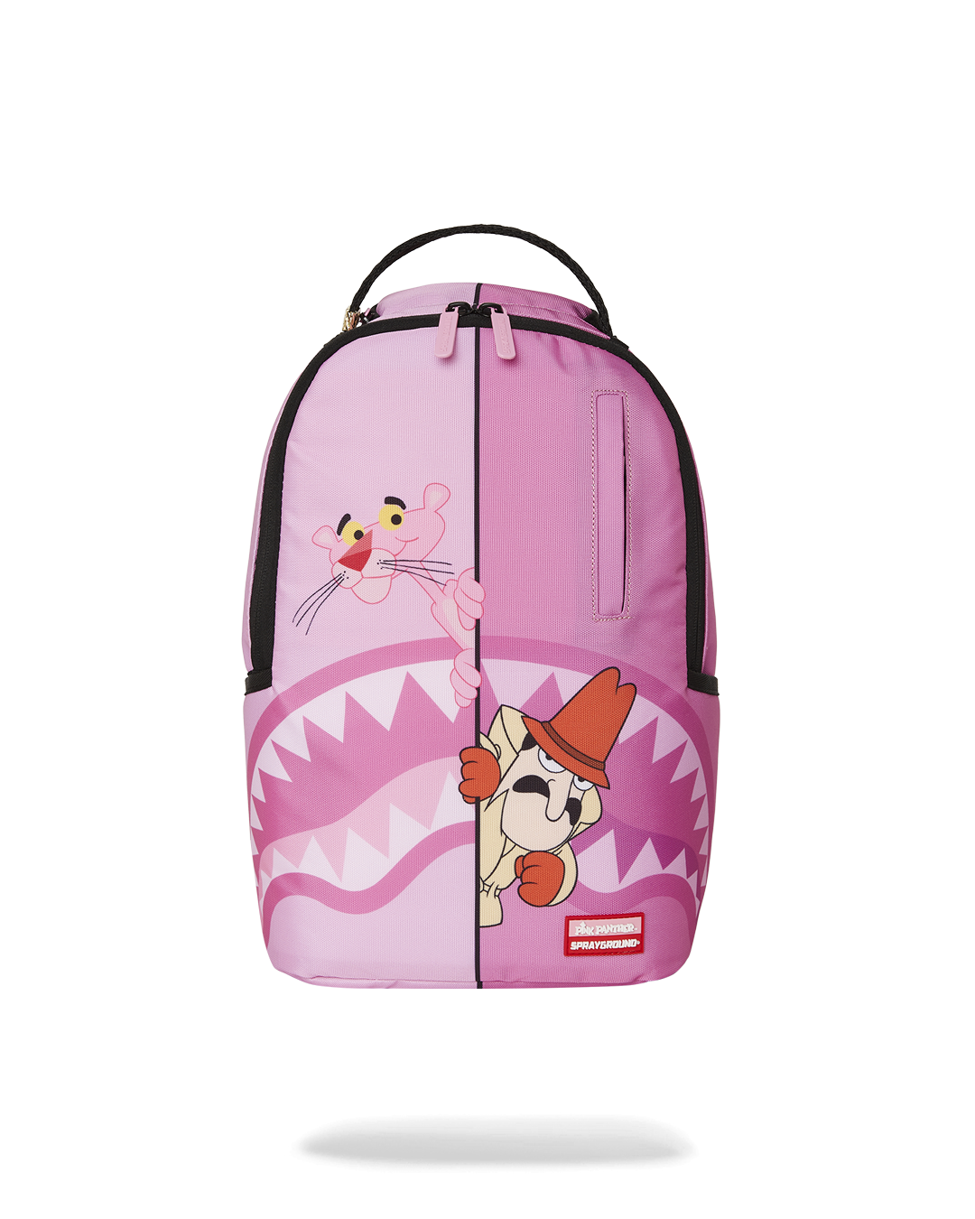 Pink Panther themed mini backpack with water-resistant fabric and adjustable straps