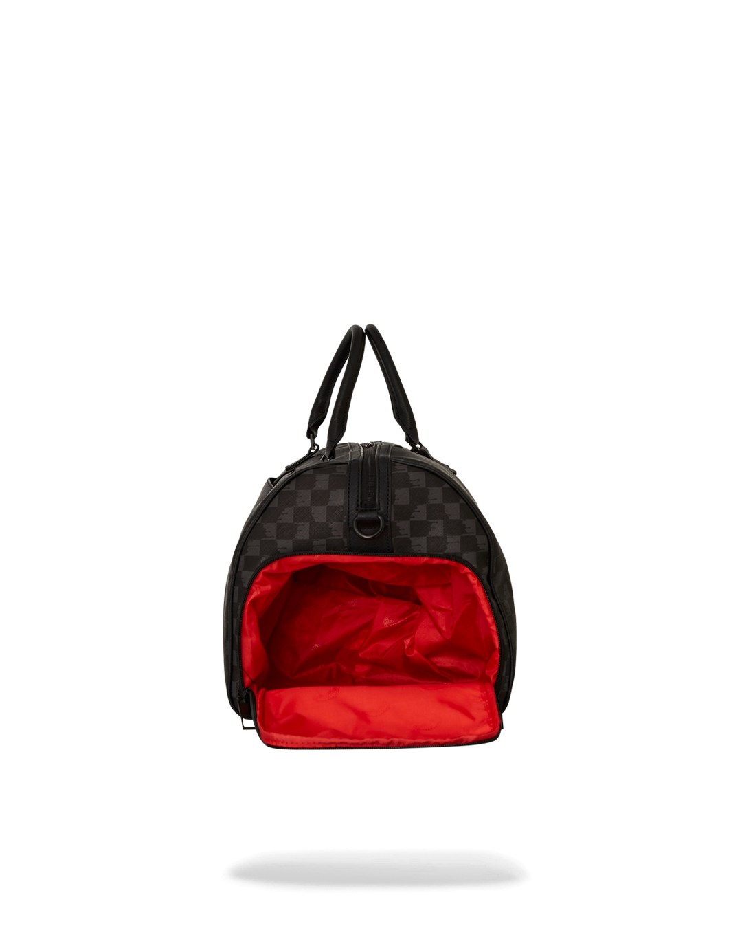 Close-up of Sprayground slime duffle bag’s gold zippers and faux leather texture