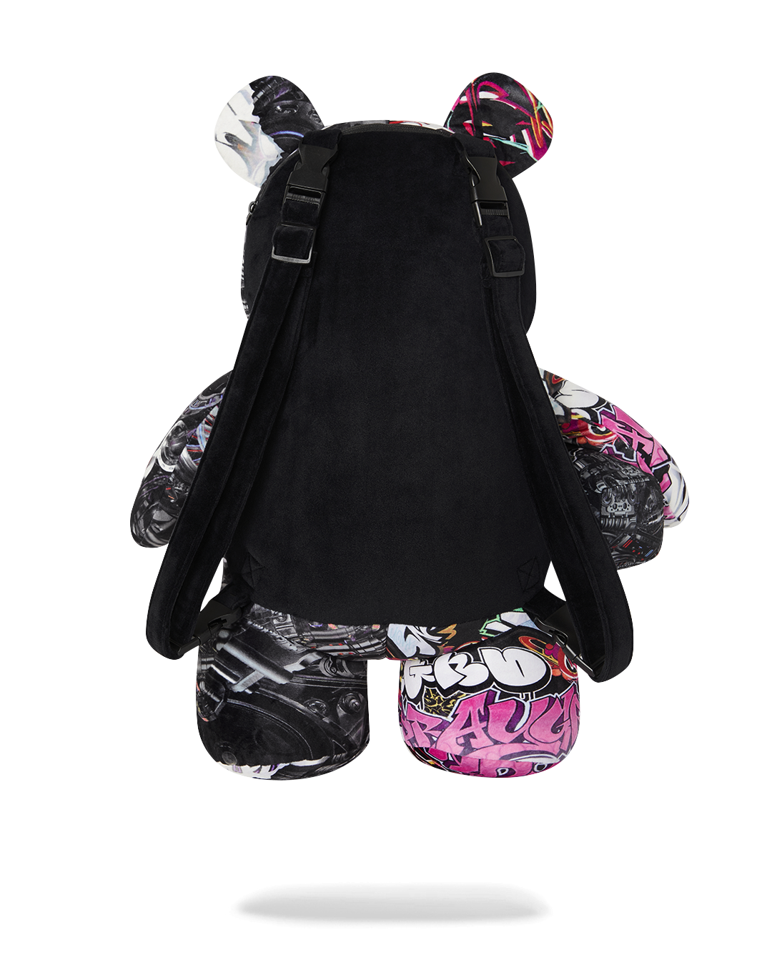 Front view of teddy bear backpack showing belly pocket and soft plush texture