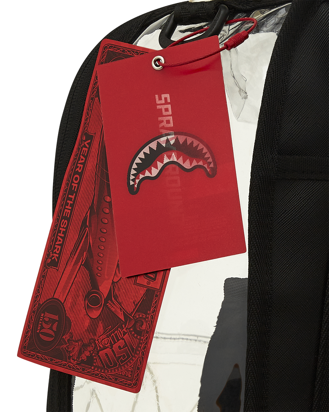 Shark Central clear backpack featuring durable PVC and ergonomic design.