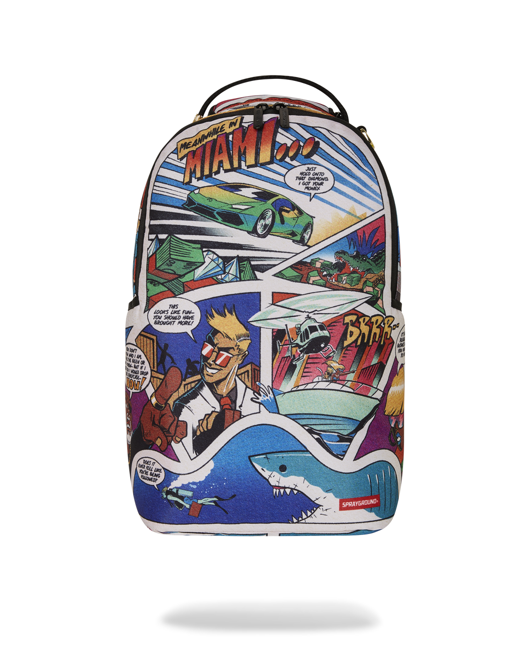 Front view of the Action-Packed Sprayground Backpack showcasing its stylish design.