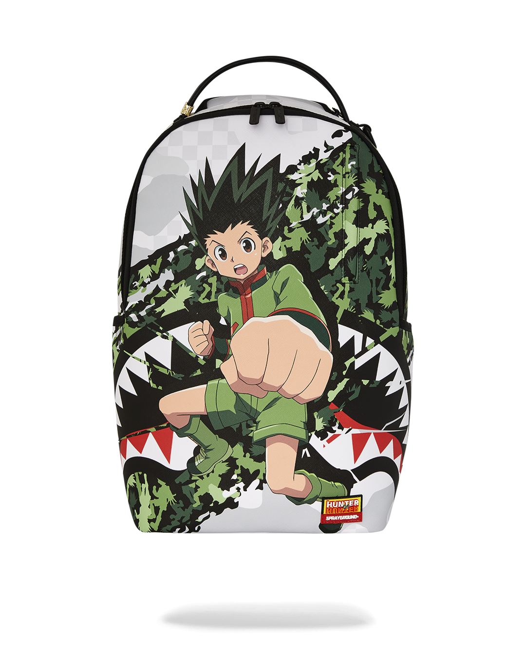 Sprayground Hunter X Hunter backpack with faux leather exterior and gold zippers