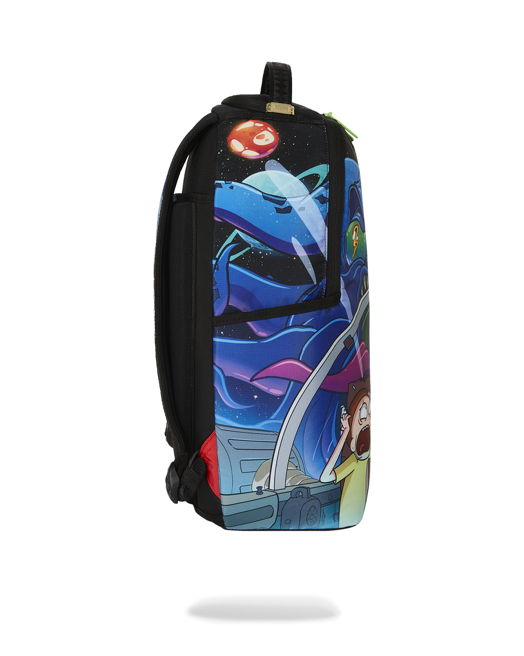 Rick and Morty Sprayground backpack in use, showing ergonomic mesh back padding