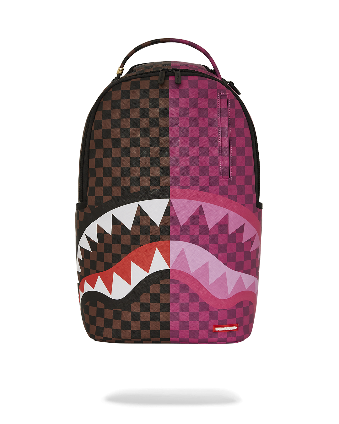 Front view of the Double Trouble faux leather laptop backpack showcasing the gold zippers.