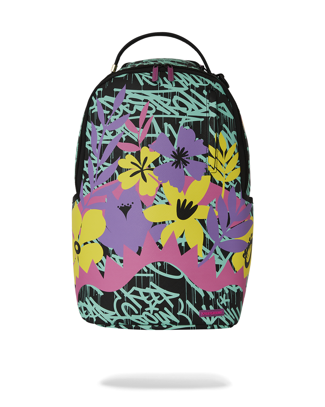 Front view of the faux leather backpack with gold zippers and spacious compartments