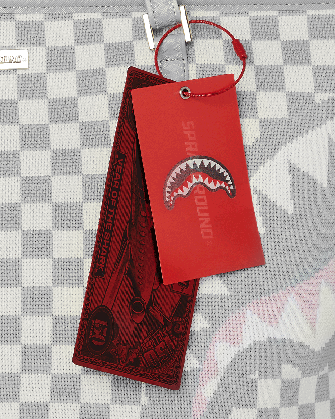 Sprayground Ella Printed Fly Knit Tote Bag, side view, showcasing the sharkmouth design