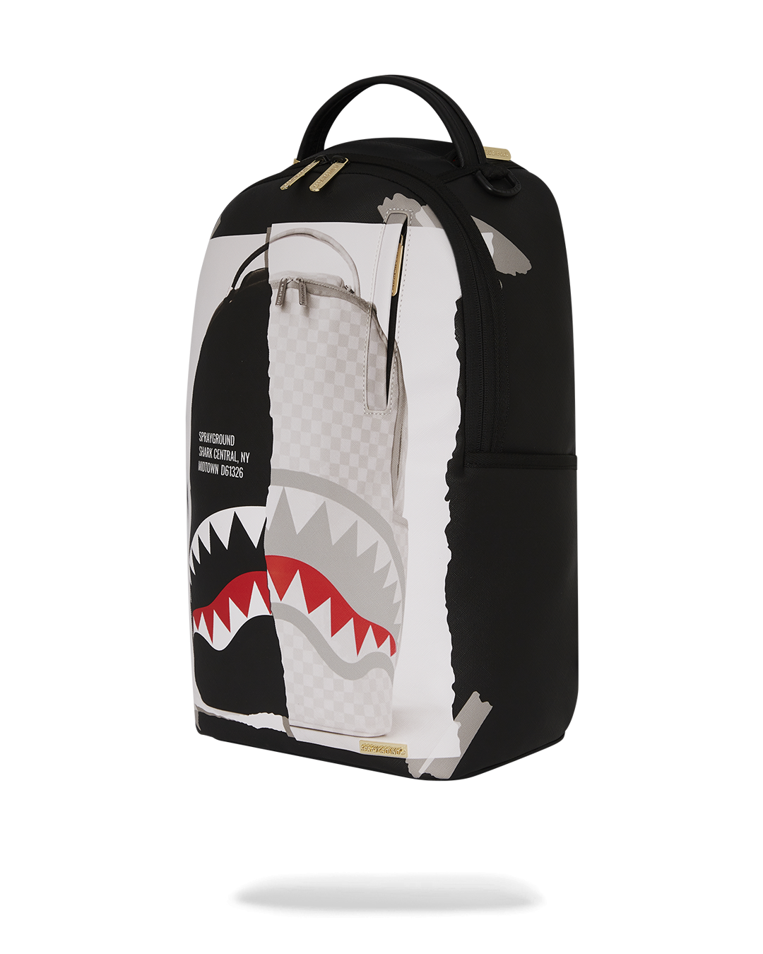 Model wearing Sprayground backpack with ergonomic straps in urban setting.