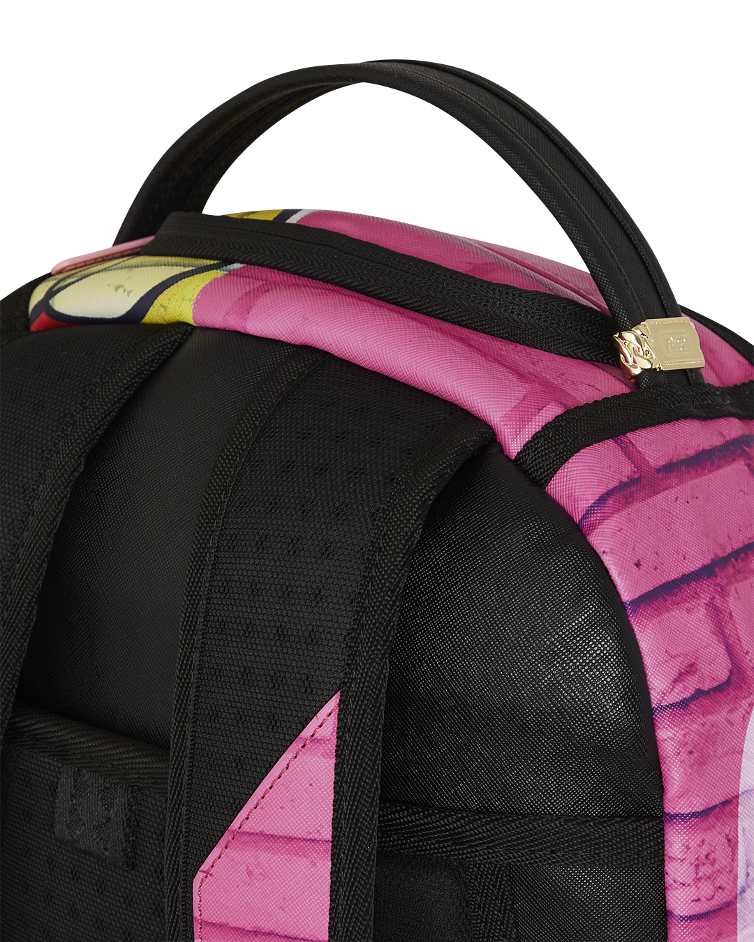Front view of pink faux leather backpack showing main zipper and storage layout