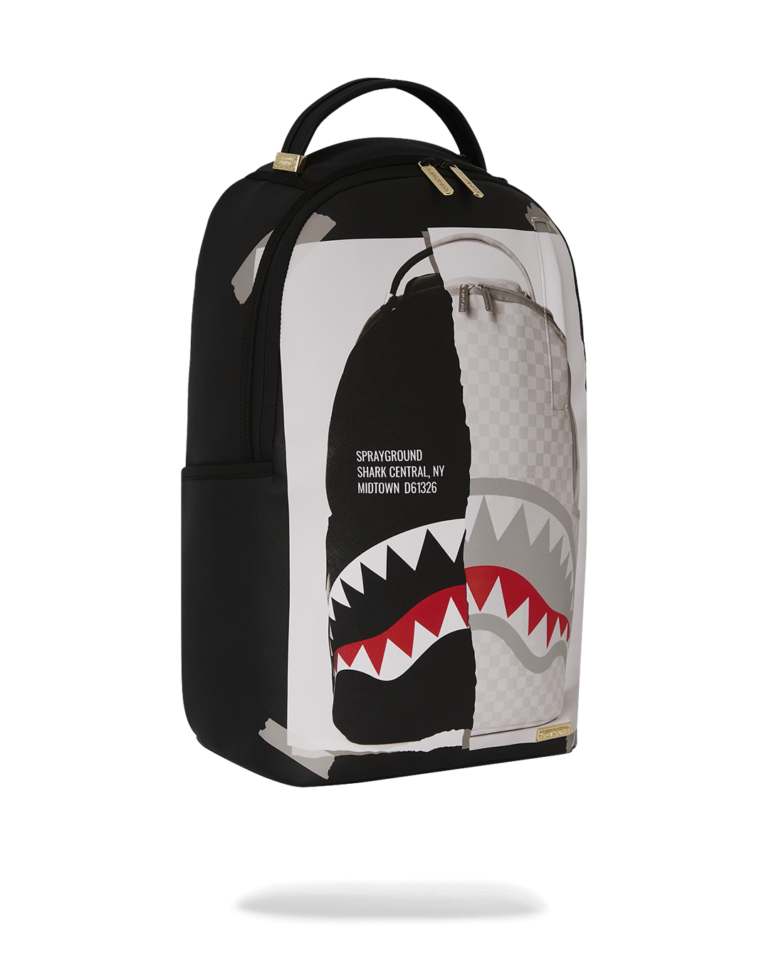 Model wearing Sprayground backpack with ergonomic straps in urban setting.