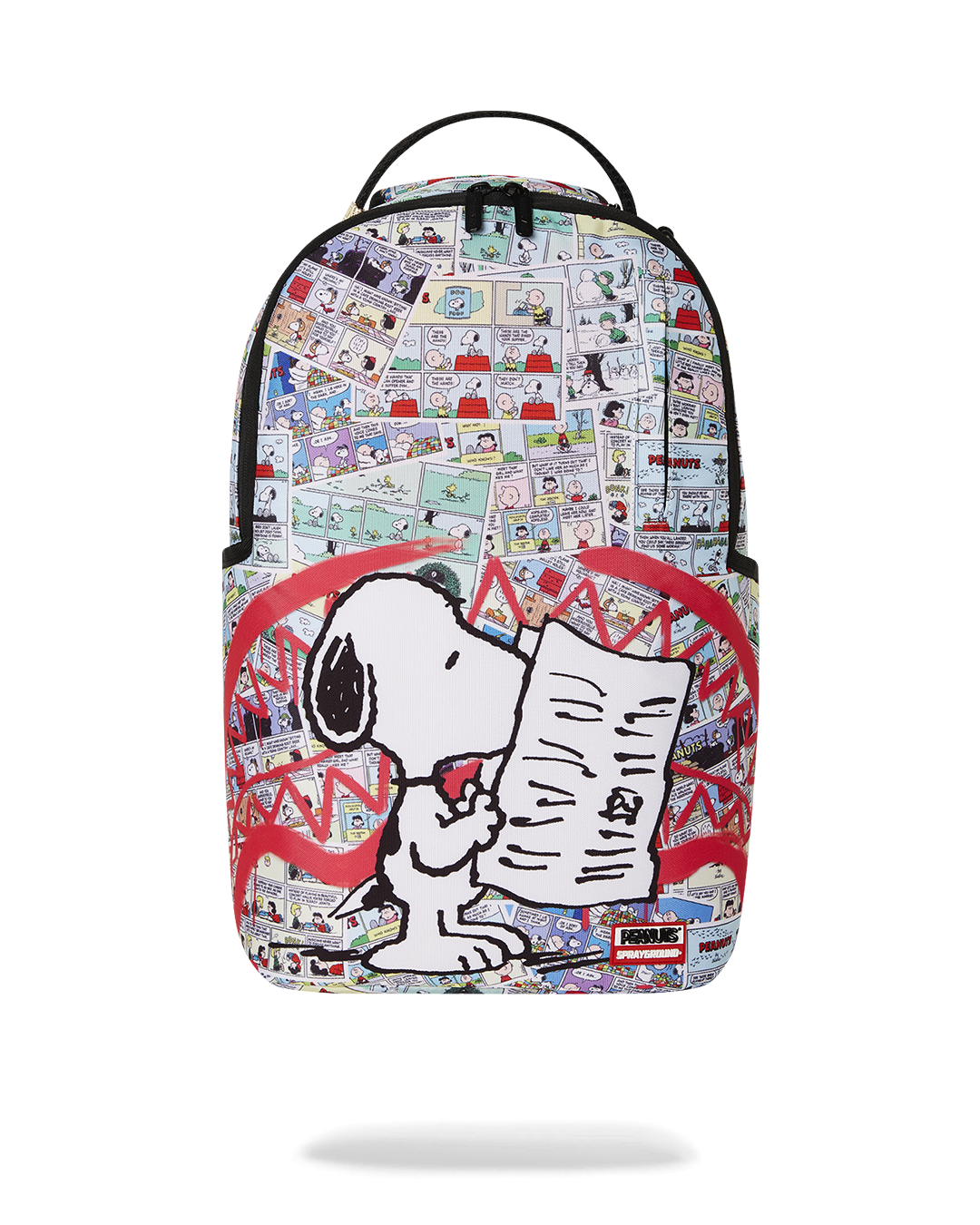 Snoopy backpack with multiple pockets and gold zippers, perfect for school or work