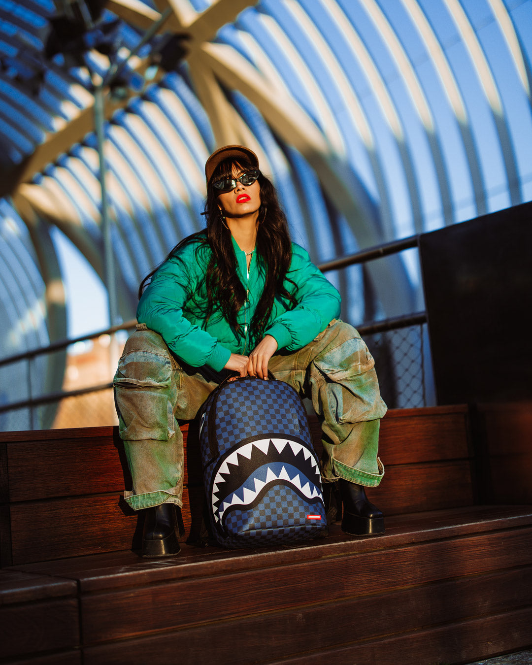 Front view of the Midnight Magic Shark backpack with multiple compartments and adjustable straps