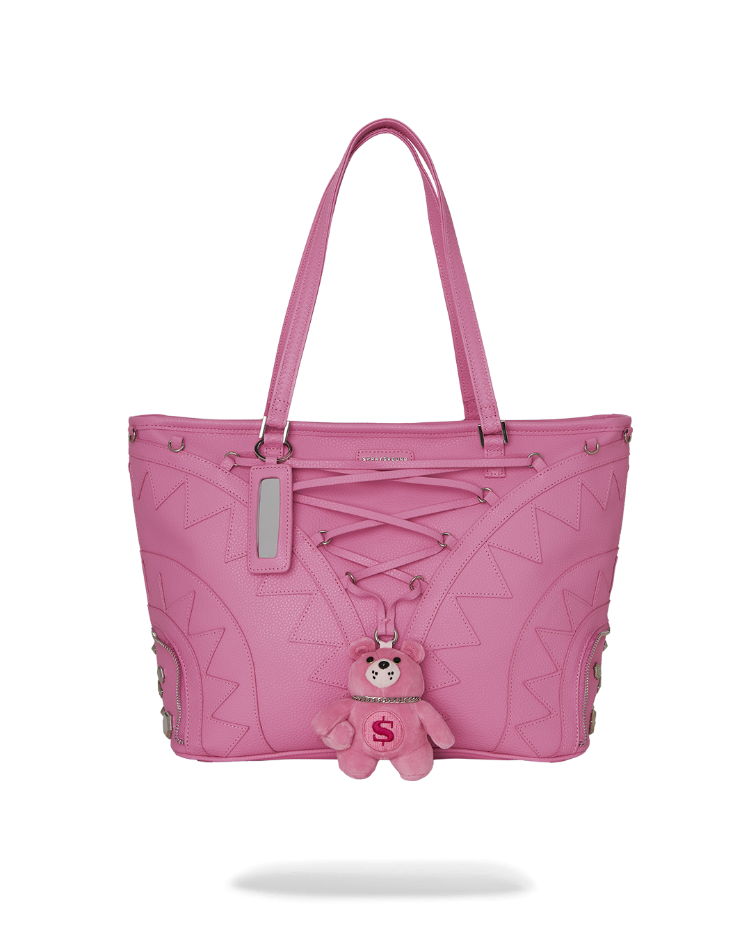 Sprayground faux leather tote bag shown front view with studded details