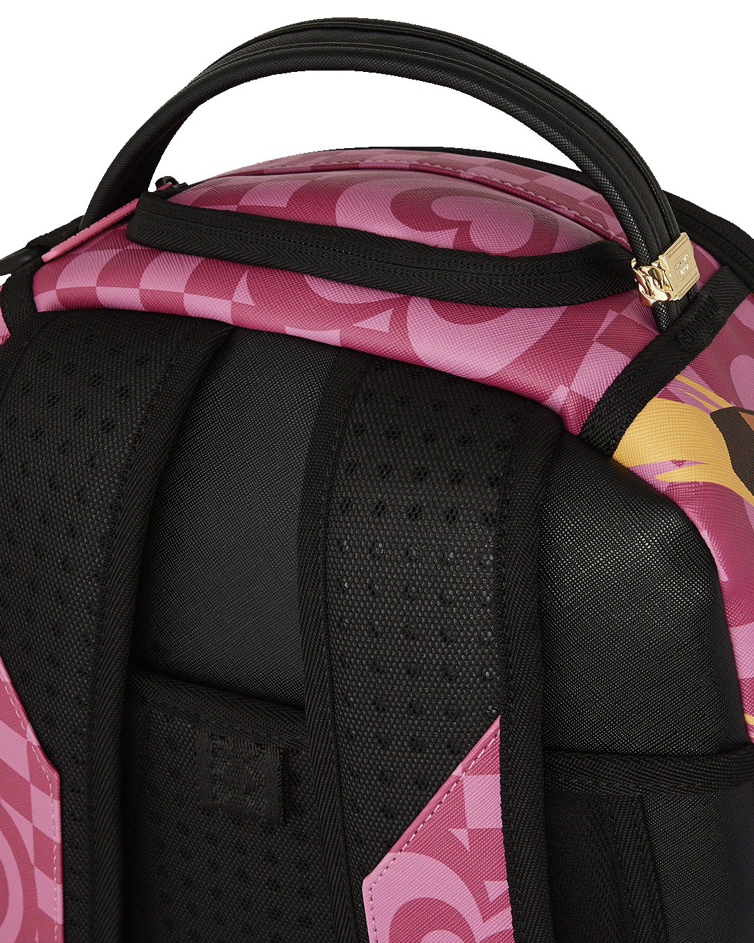 Front view of faux leather backpack showing gold zippers and ergonomic mesh padding