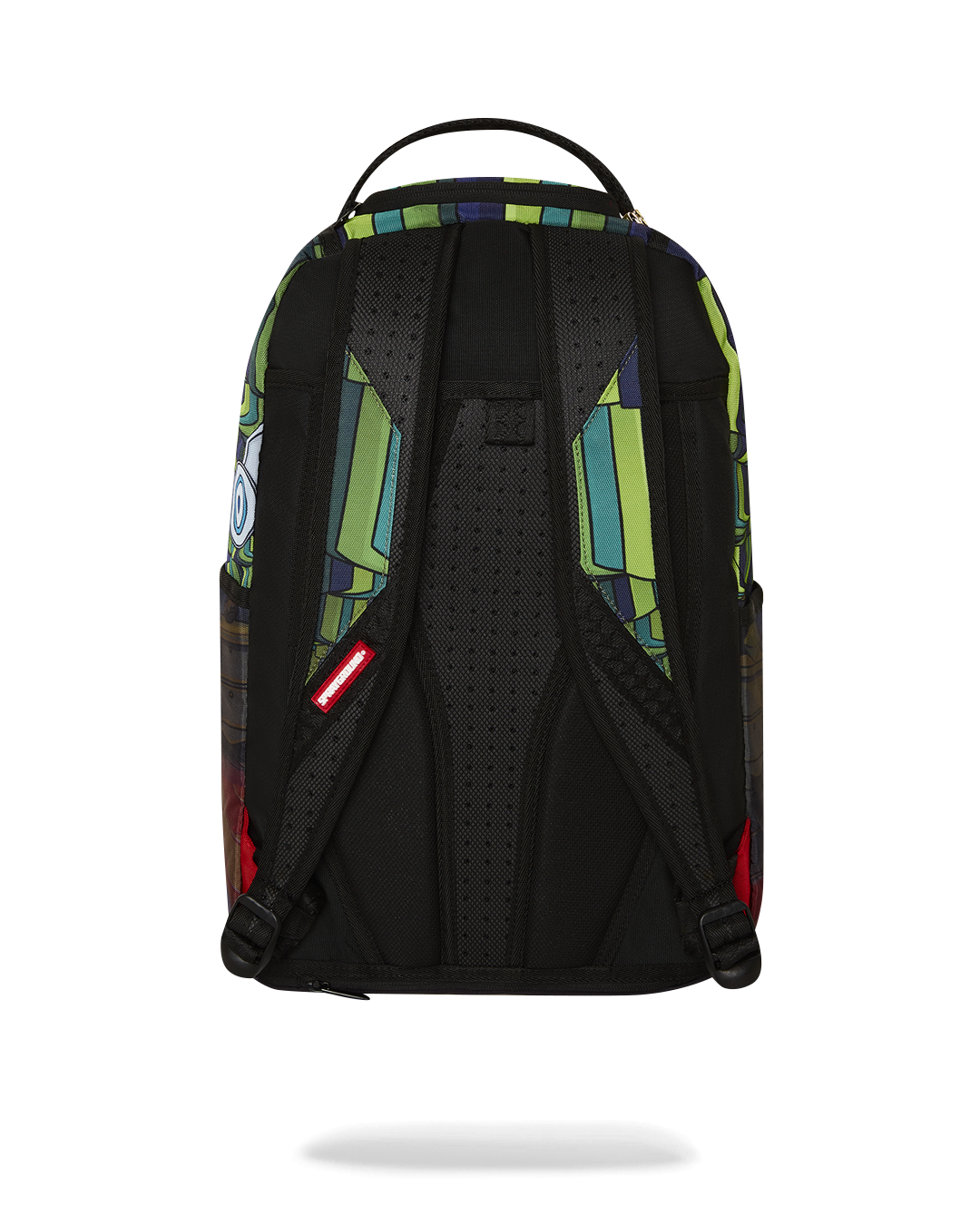 Front view of the DLXR Solar Opposites backpack showcasing its unique Pupa puller and gold zippers.