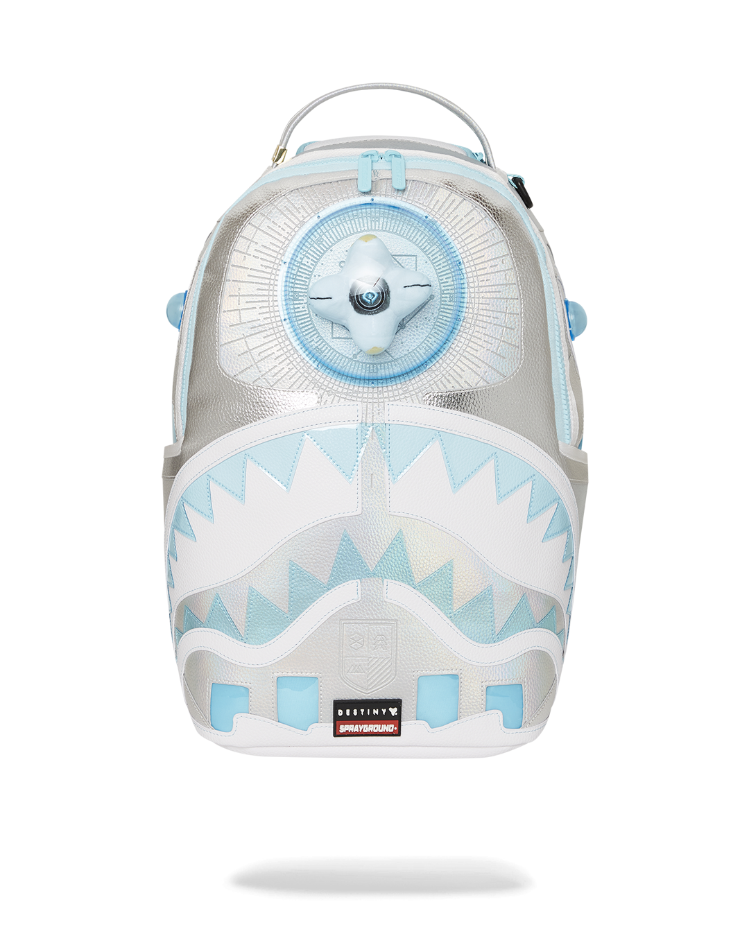 Front view of Destiny Ghost backpack with iridescent finish and gaming-ready compartments