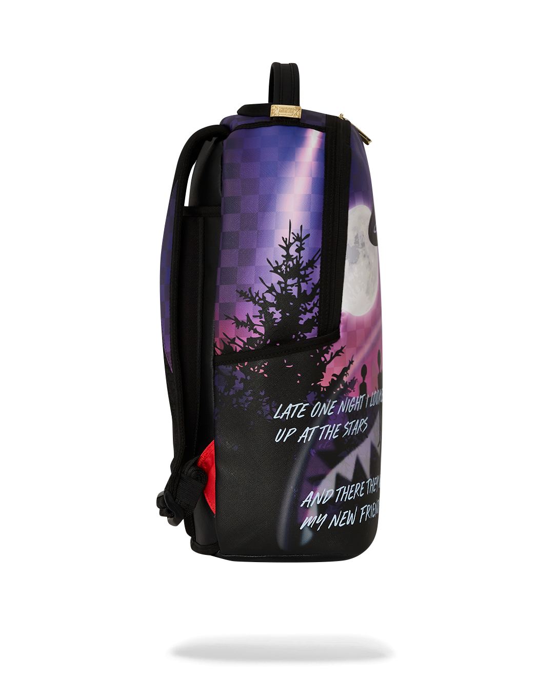 Side view of travel backpack with ergonomic straps and carry-on sleeve