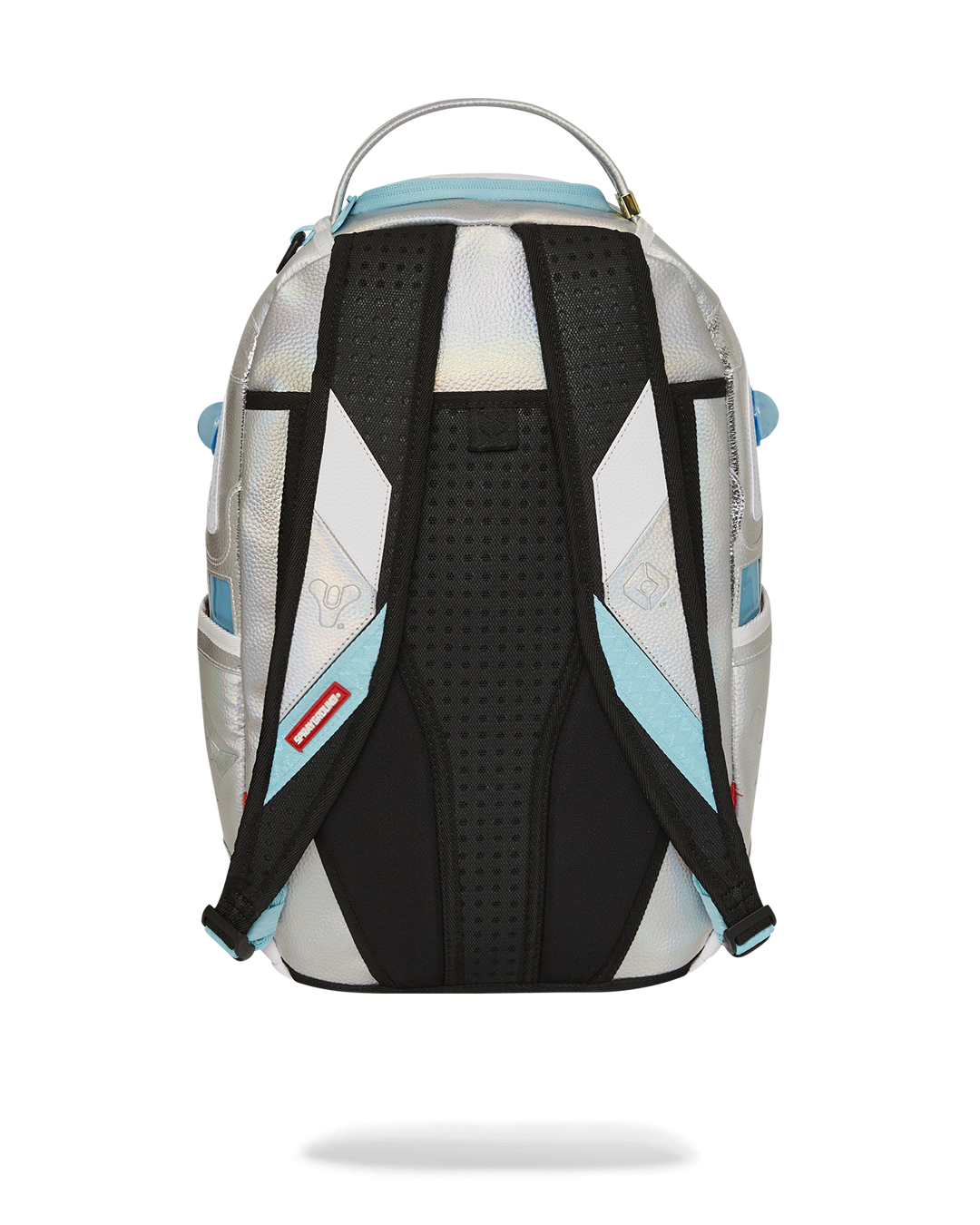 Front view of the Destiny Ghost gaming backpack with iridescent shine and plush Ghost centerpiece