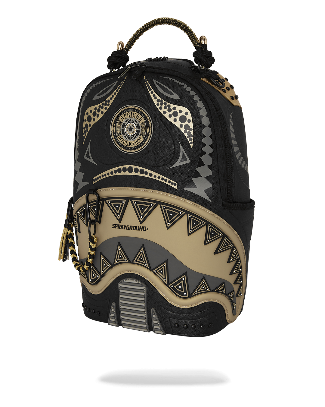 Side angle of faux leather Gold Ocean designer backpack worn in NYC