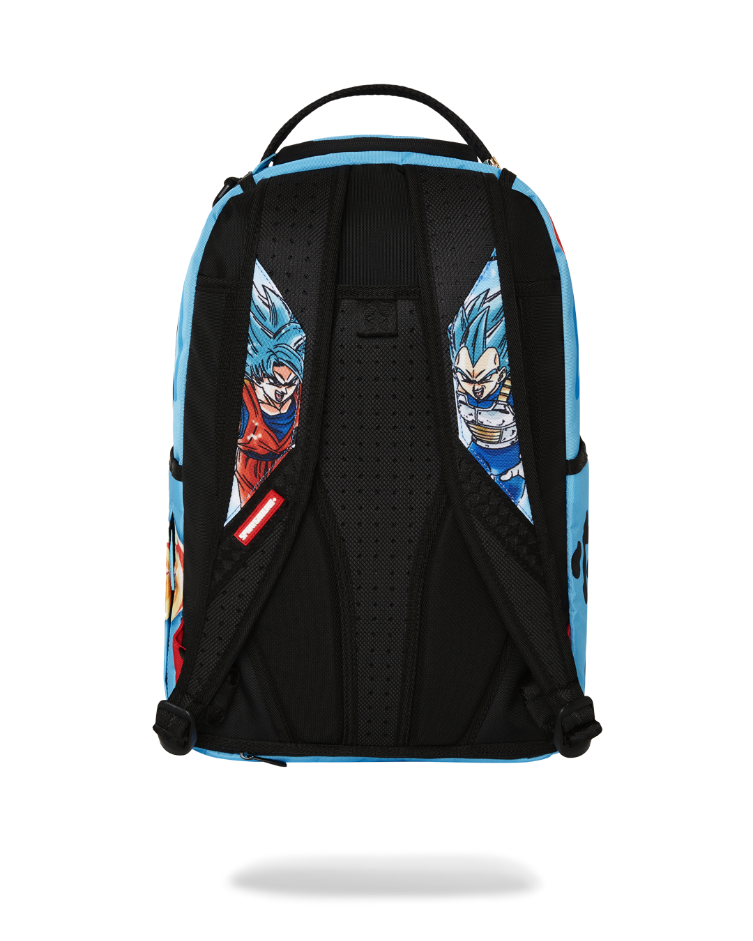 Dragon Ball Z Super Saiyan Blue Goku and Vegeta backpack front view, showcasing its unique design and multiple pockets.