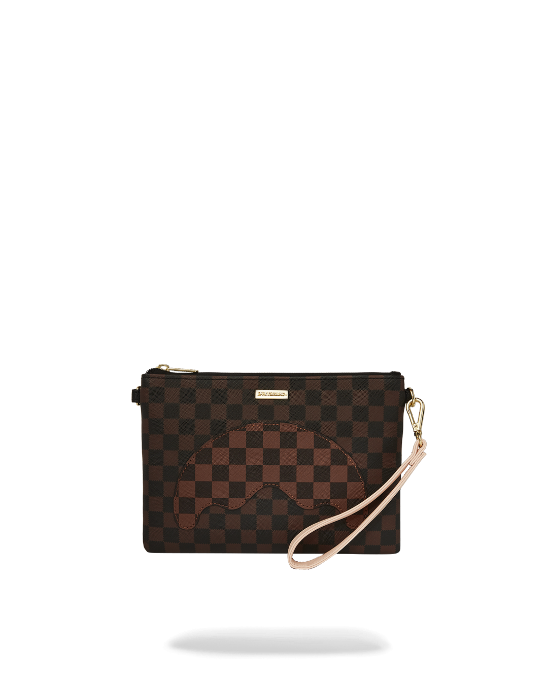 Front angle of convertible pouch with gold zipper and wristlet strap