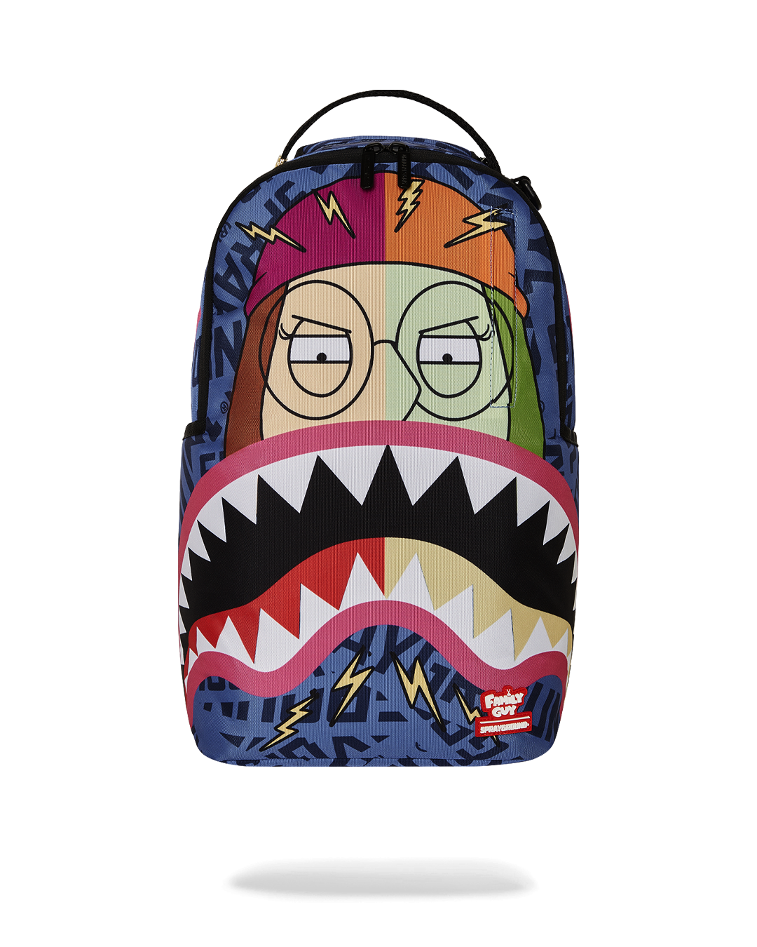 Front view of the Family Guy backpack showcasing the Meg Shark Mouth design