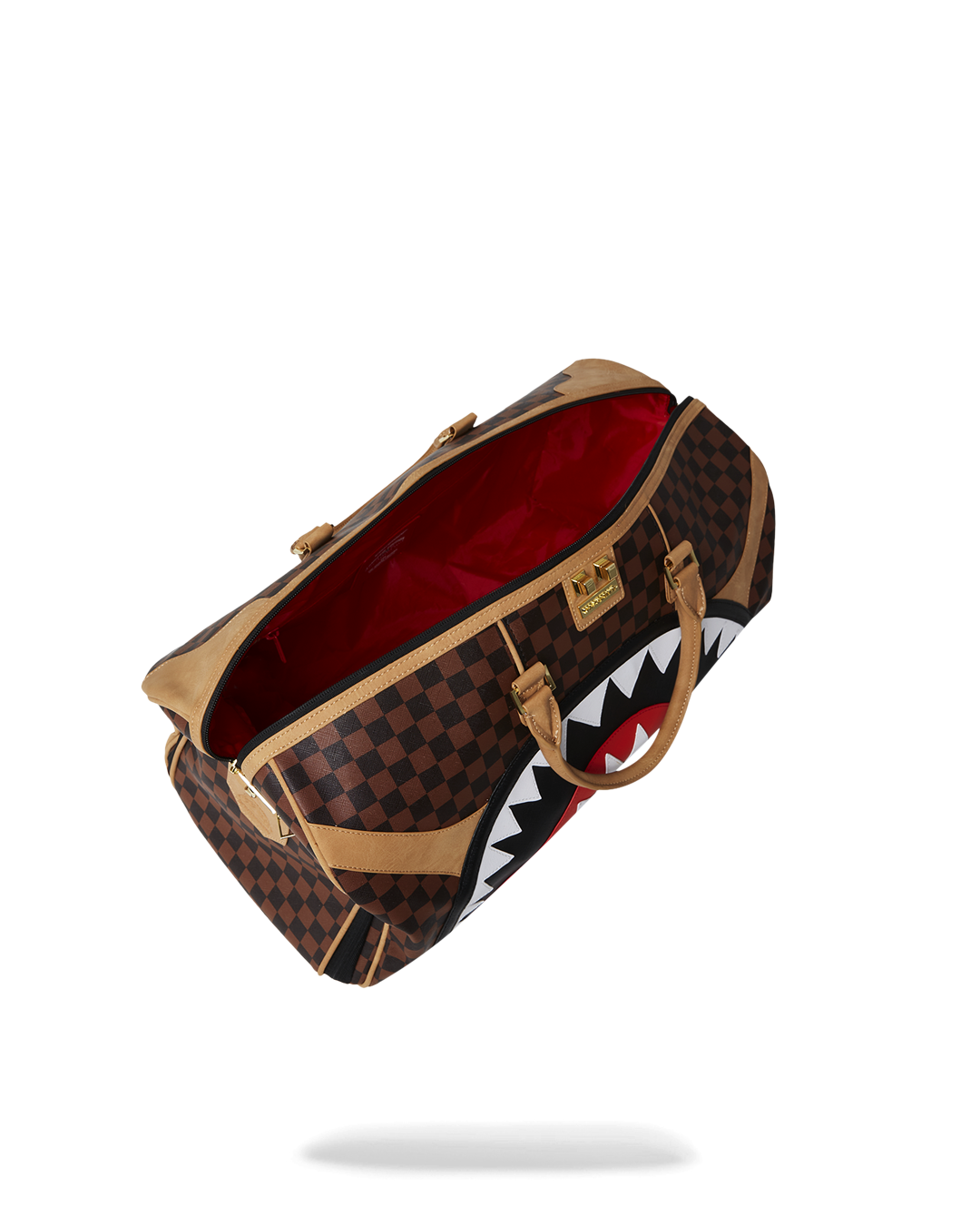 Close-up of Hennyville duffle bags zippered sneaker pocket and gold hardware.