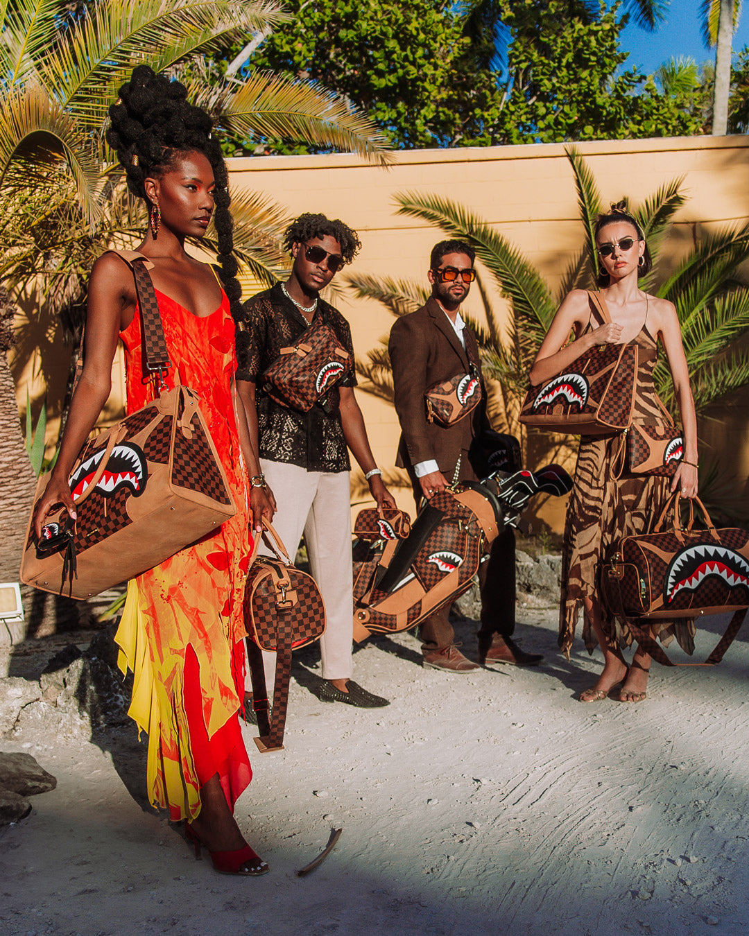 Front view of Tortuga tote showing bold Sprayground print and snap closure
