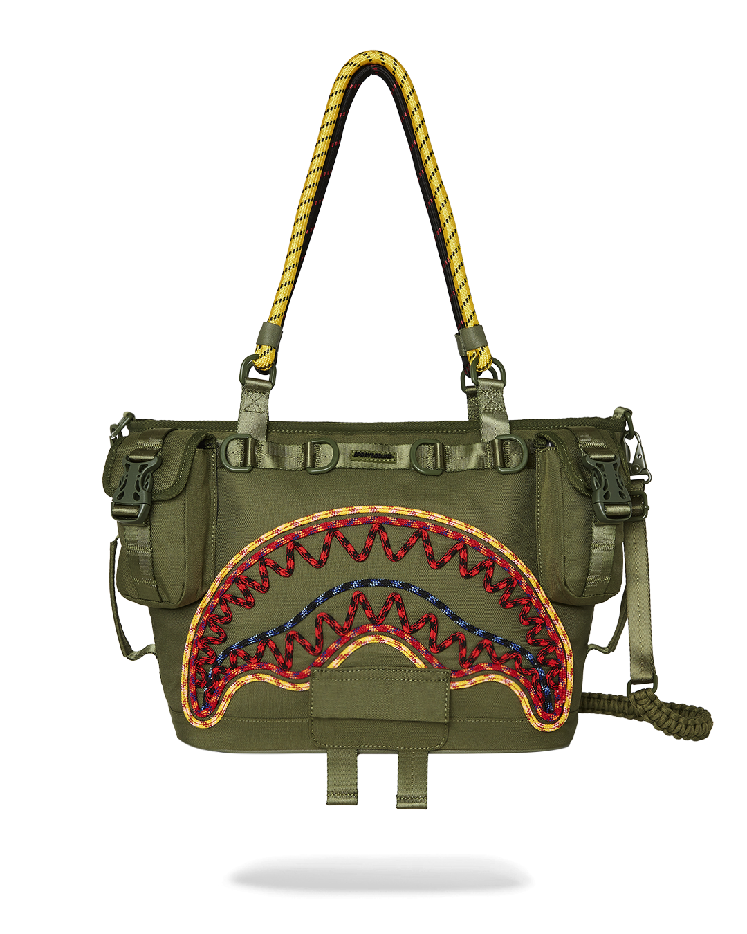 Sprayground Printed Tote Bag worn as a shoulder bag with printed design