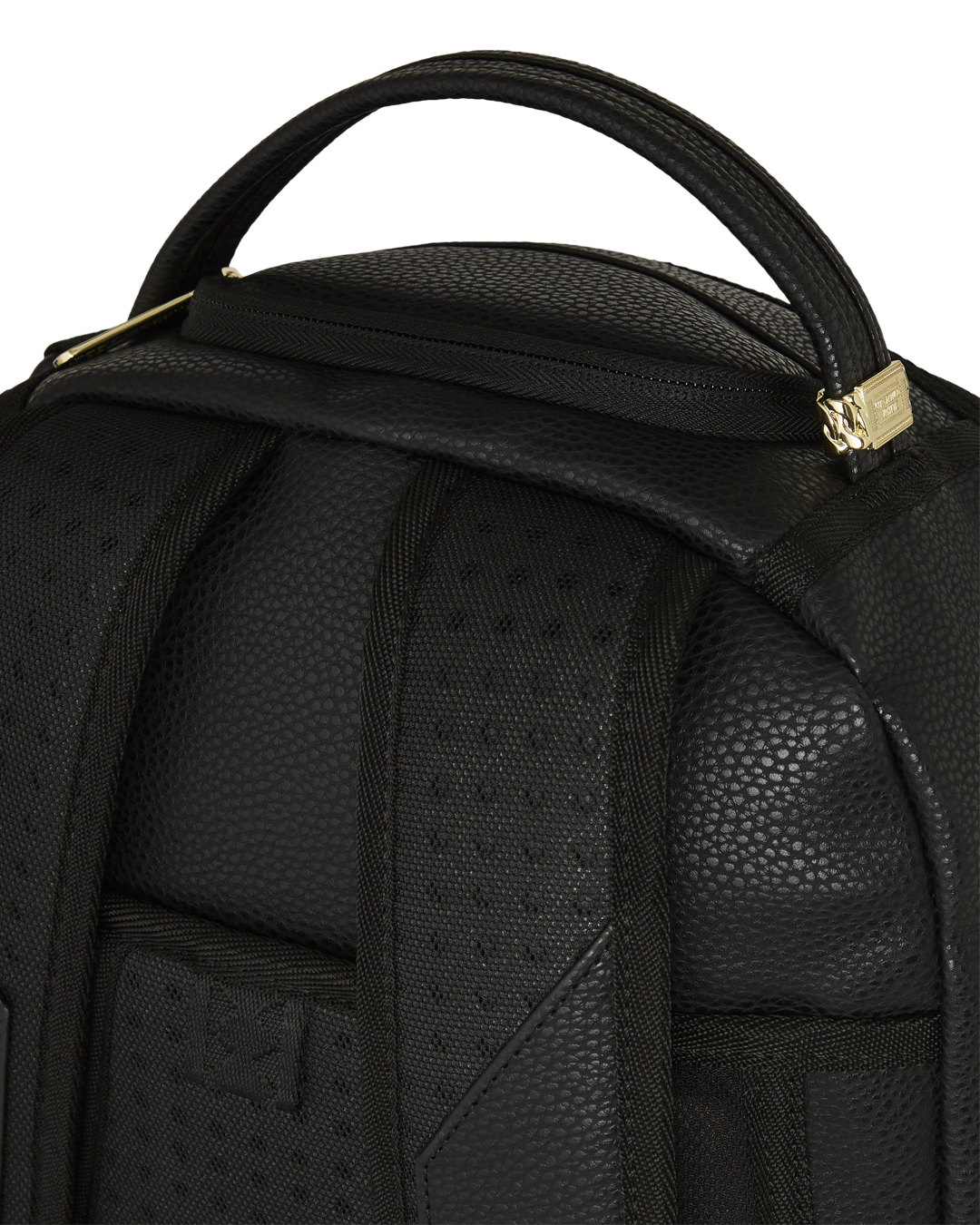 BAPE Shark backpack with faux leather finish and gold accents, front view
