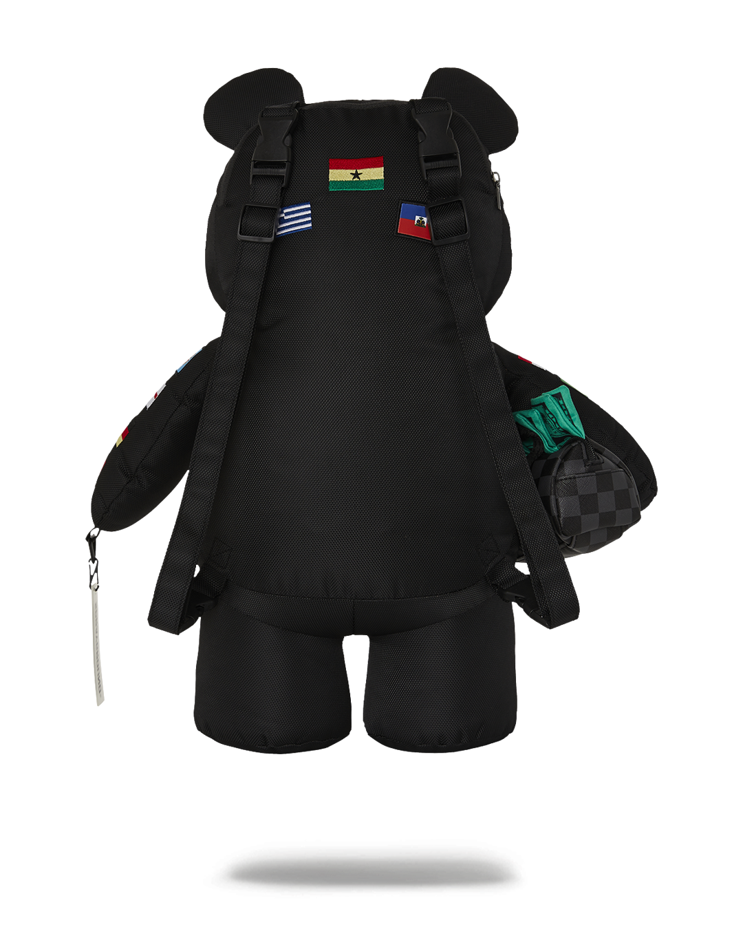 Front view of the teddy bear backpack with international flags embroidered, highlighting the playful design and water-resistant fabric.
